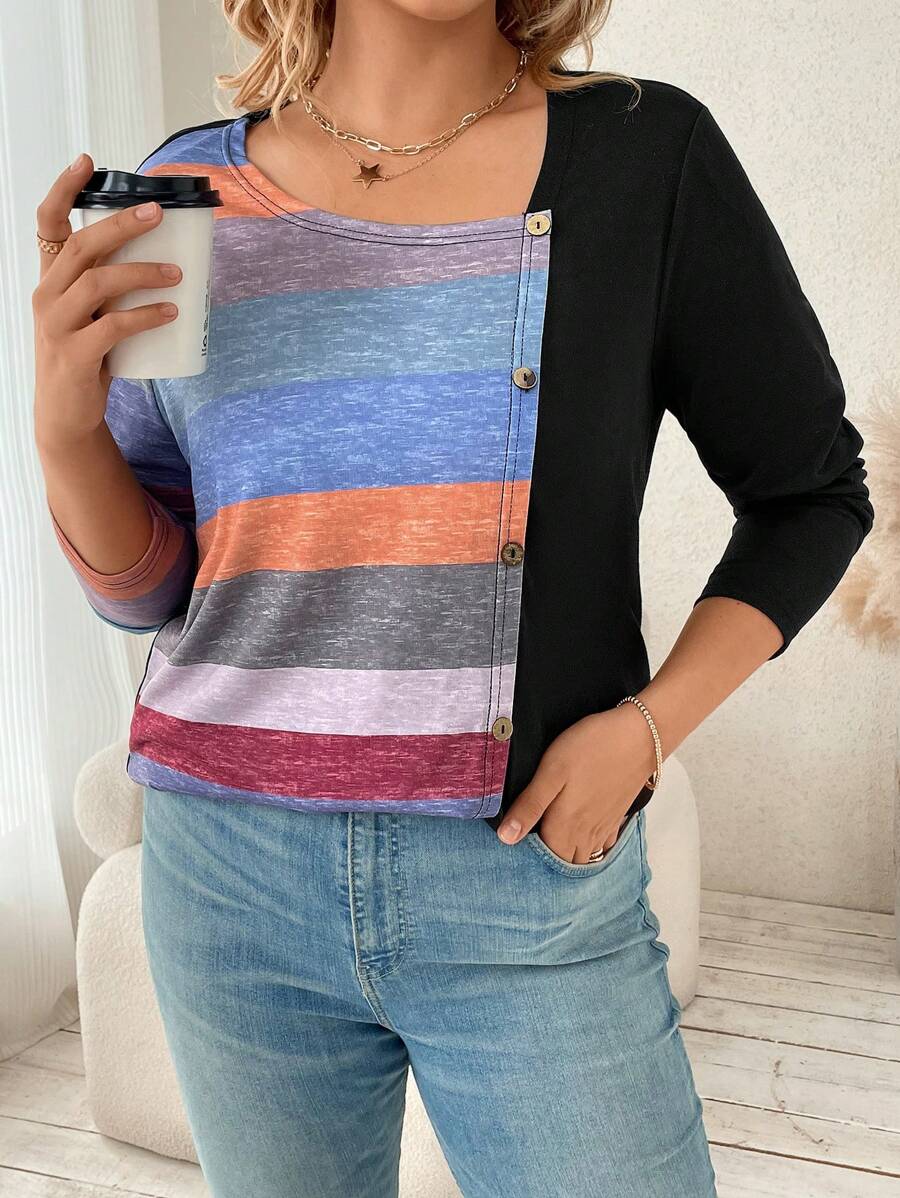 Flirla Große Größe T-Shirt mit Farbblock, Knopf vorne, - Schwarz - Übersicht 1
