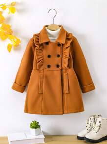 SHEIN Young Girl 1pc Ruffle Trim Double Breasted Overcoat - Brown - View 1