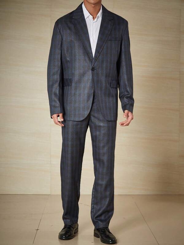 Calvornis Men Plus Plaid Lapel Neck Blazer & Suit Pants
