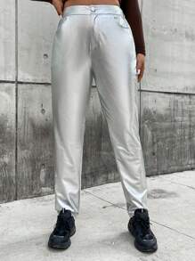 Flirla 鈕扣 口袋 拉鍊純色加大褲子 - 銀色 - 查看 4