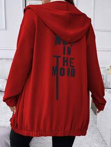 Flirla 大碼標語圖案落肩袖連帽夾克 - 紅色 - 查看 3