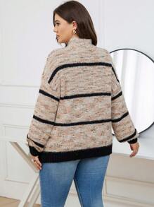 SHEIN LUNE Plus Striped Pattern Mock Neck Drop Shoulder Sweater - Khaki - View 2