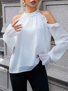 SHEIN Privé 荷葉邊下擺珍珠珠飾襯衫 - 白色 - 查看 2