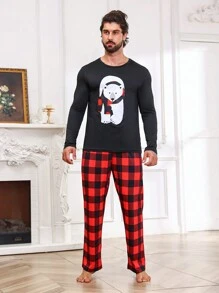 Men Bear Print Tee & Buffalo Plaid Pants Loungewear PJ Set / Pajama Set, Christmas - Black - View 3