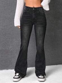 SHEIN EZwear Washed Flared Jeans - Black - View 1