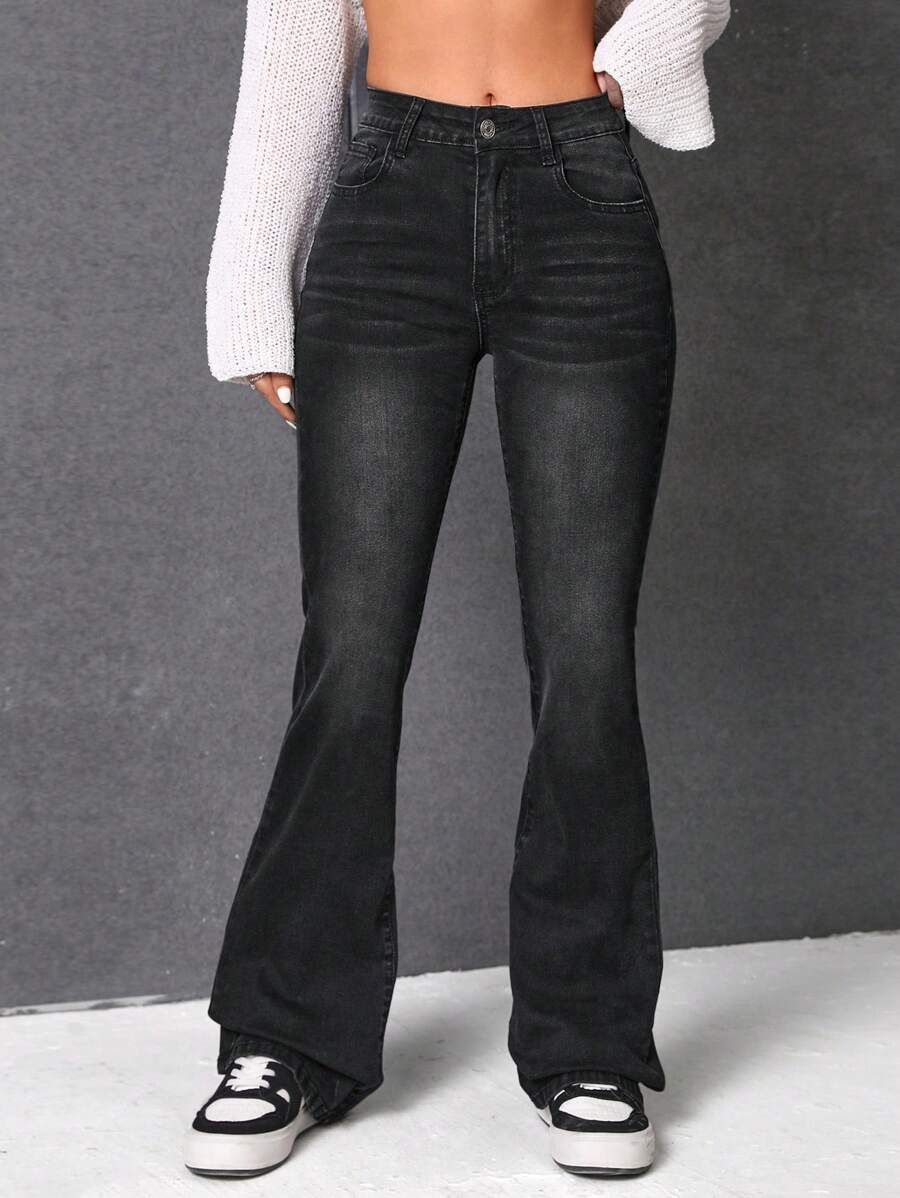 SHEIN EZwear Washed Flared Jeans - Black - View 1