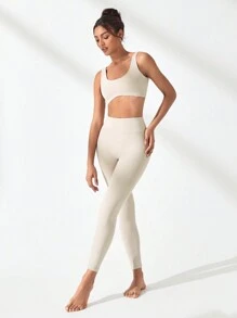 Lifespree Seamless High Stretch Sports Bra With Leggings - Apricot - View 4