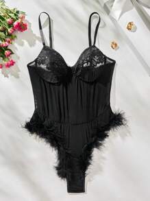 蕾絲拼接毛茸邊網紗鋼圈性感緊身連體衣 - 黑色 - 查看 1