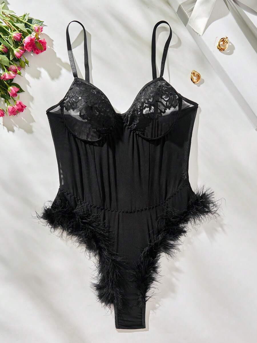 蕾絲拼接毛茸邊網紗鋼圈性感緊身連體衣 - 黑色 - 查看 1