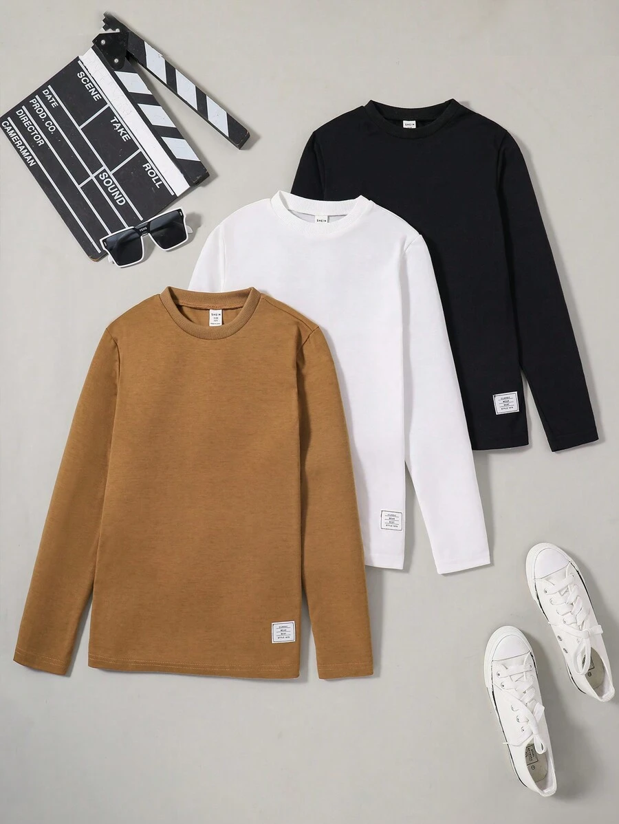 SHEIN 3pcs/Set Casual Knit Crew Neck Long Sleeve T-Shirts, Autumn - Black - View 1