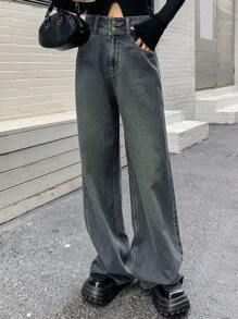 Dazy Star 高腰闊腿牛仔褲 - 中等水洗藍 - 查看 1