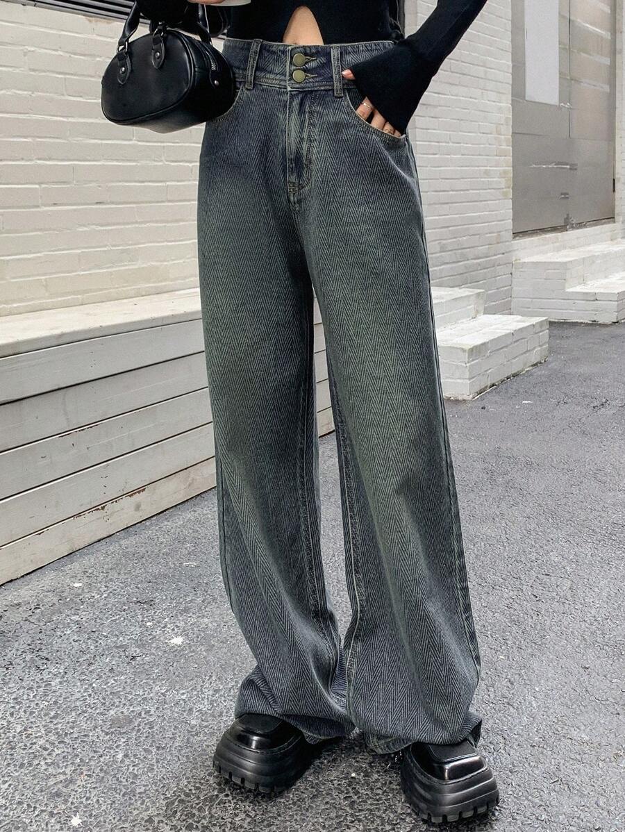 Dazy Star 高腰闊腿牛仔褲 - 中等水洗藍 - 查看 1