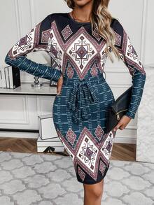 SHEIN Clasi 女式幾何圖案緊身連衣裙,配帶腰身裙帶 - 彩色 - 查看 3