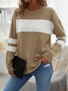 SHEIN LUNE Áo len chui đầu phối màu vai rớt, thích hợp cho mùa thu đông. - Màu Khaki - Xem 1