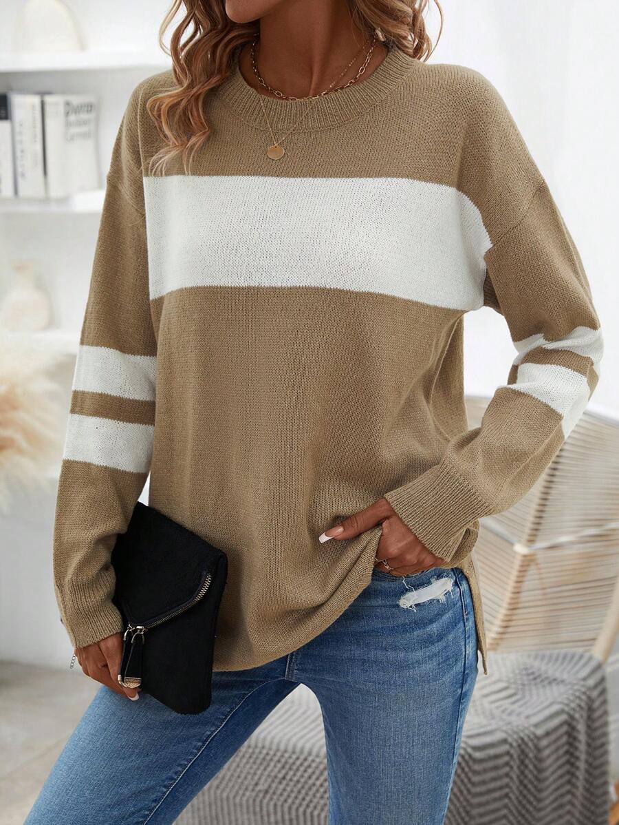 SHEIN LUNE Áo len chui đầu phối màu vai rớt, thích hợp cho mùa thu đông. - Màu Khaki - Xem 1