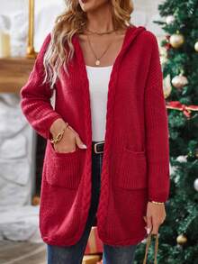 SHEIN LUNE Dual Pocket Drop Shoulder Hooded Duster Cardigan - Red - View 4