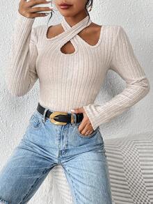 SHEIN Essnce 交叉繞頸條紋針織T恤 - 杏色 - 查看 6