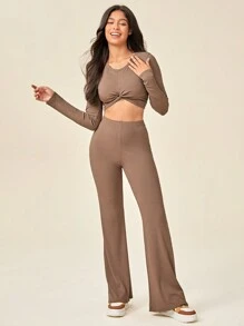 SHEIN Sports Twist Front Crop Tee & Flare Pants Sports Set - Brown - View 6