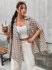 Flirla Plus Plaid Print Cloak Sleeve Overcoat - Apricot - View 5