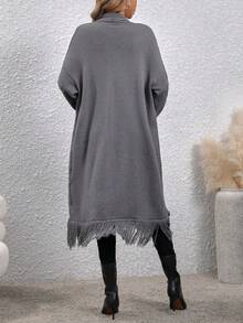 EMERY ROSE Fringe Hem Drop Shoulder Cardigan - Dark Grey - View 2