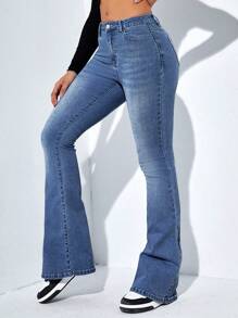 SHEIN ICON Moustache Effect Flare Leg Jeans - Dark Wash - View 3