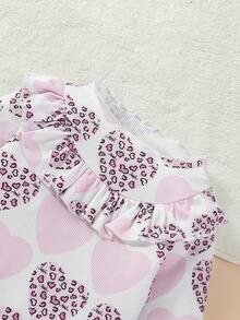 SHEIN Bebé niña 2 piezas Camiseta con estampado de corazón ribete con fruncido & 2 piezas Pantalones - Rosa - Ver 4