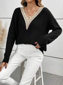 SHEIN LUNE Guipure Ren tương phản Thả vai Áo len - màu đen - Xem 5