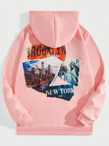 ROMWE MEN Street Life 男士建築和字母圖形拉繩保暖衛衣 - 粉色 - 查看 1