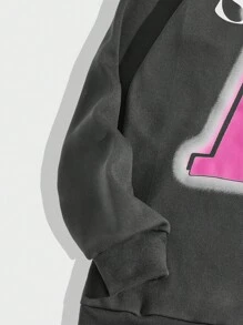 ROMWE MEN Street Life 男士星星&字母圖案抽繩加絨內裏連帽衫 - 深灰色 - 查看 3