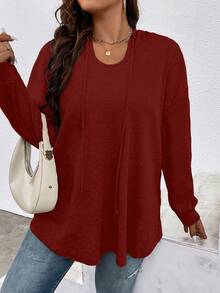 SHEIN LUNE Áo nỉ cổ rộng màu trơn dáng rộng - Màu Đỏ Sâu - Xem 7