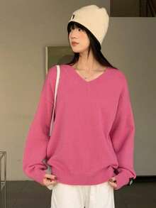 DAZY Patched Detail Drop Shoulder Sweater - Hot Pink - View 8