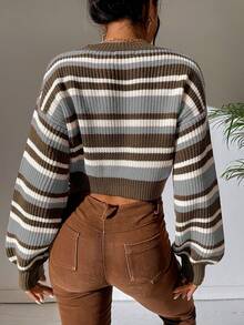 SHEIN Unity Striped Pattern Lantern Sleeve Crop Sweater - Multicolor - View 2