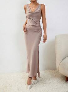 SHEIN BAE Draped Collar Split Thigh Dress - Khaki - View 4