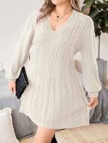 Calvaya Plus Cable Knit Lantern Sleeve Sweater Dress - Apricot - View 3