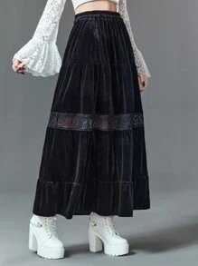 ROMWE Goth Contrast Lace Ruffle Hem Skirt - Black - View 4