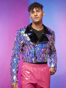 FeverCity Men Holographic Geo Biker Jacket - Pink - View 6