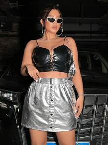 Flirla 大碼前紐扣腰帶金屬質感半身裙 - 銀色 - 查看 5