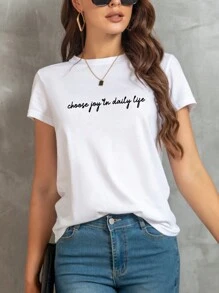 SHEIN EZwear Đồ họa Khẩu hiệu Áo thun - trắng - Xem 1