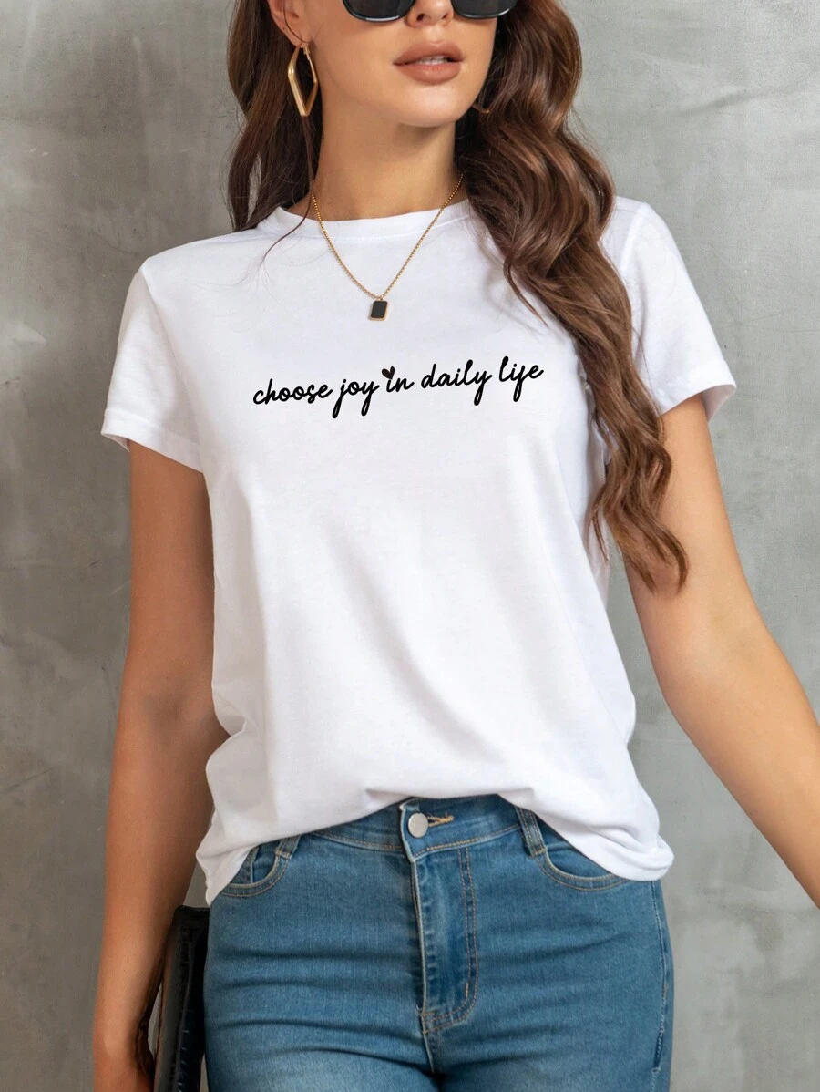 SHEIN EZwear Đồ họa Khẩu hiệu Áo thun - trắng - Xem 1