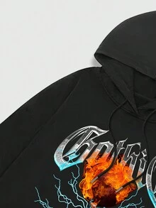 ROMWE MEN Street Life Hombres Capucha con estampado de slogan y figura con cordón - Negro - Ver 7