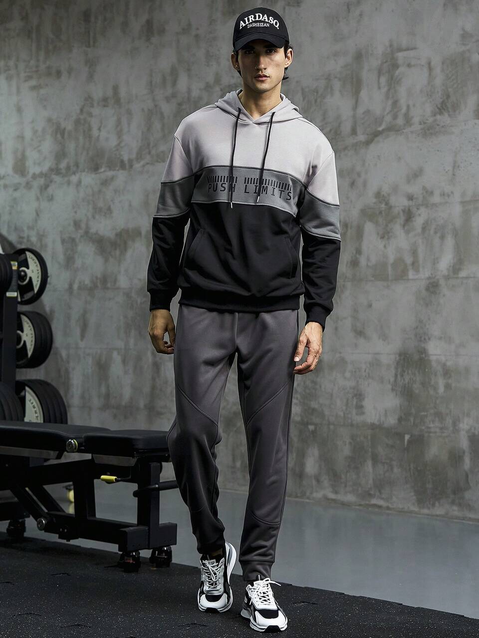 Boyfriend Style Men Color Block Letter Graphic Kangaroo Pocket Drawstring Sports Sweatshirt Boyfriend Style Men Sweatshirt