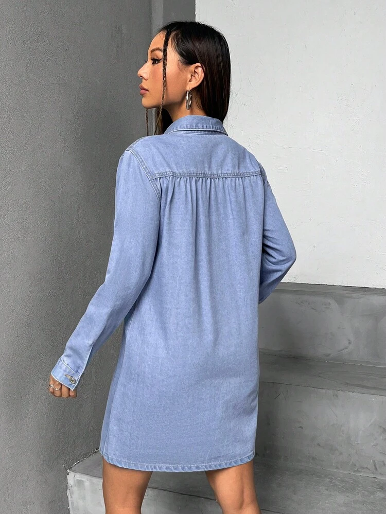 Patched Pocket Button Front Denim Dress