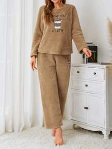 Coffee & Letter Embroidery Flannel PJ Set - Mocha Brown - View 5