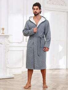Men Dual Pocket Belted Hooded Thermal Lined Loungewear Robe - Dark Grey - View 4