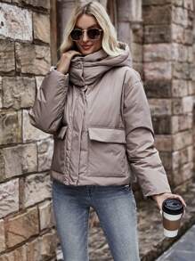 SHEIN LUNE Abrigo con bolsillo con solapa de hombros caídos con capucha - Gris - Ver 4