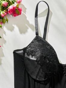 蕾絲拼接毛茸邊網紗鋼圈性感緊身連體衣 - 黑色 - 查看 3