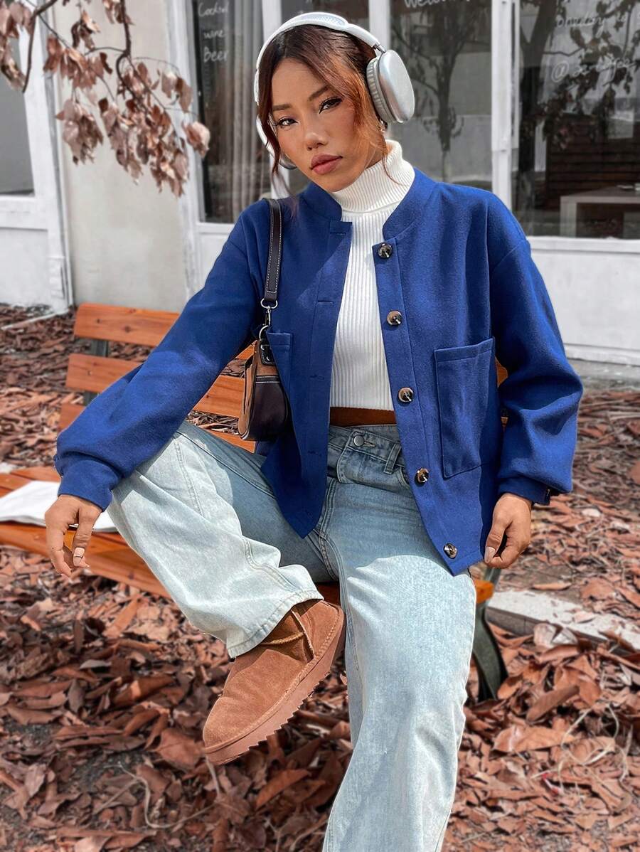 SHEIN Unity 落肩袖雙口袋前紐扣花呢外套 - 藏蓝色 - 查看 1