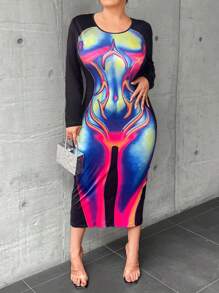 SHEIN Coolane Talla grande Vestido ajustado mapa de calor corporal con estampado - Multicolor - Ver 7