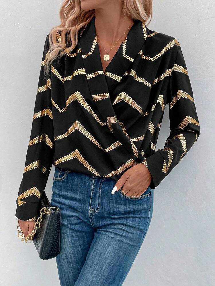Chevron Print Shawl Collar Blouse