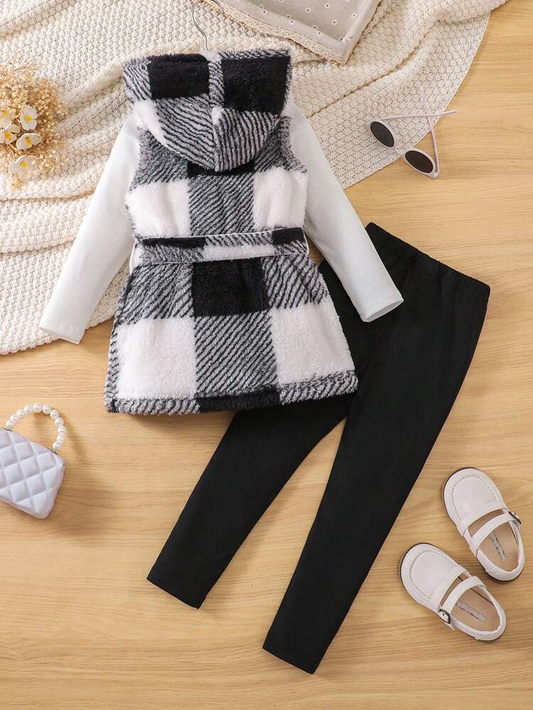 Young Girl 1pc Buffalo Plaid Print Hooded Belted Teddy Vest Coat & 1pc Leggings & 1pc Tee